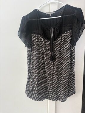 Black Patterned Sheer Peasant Top Large